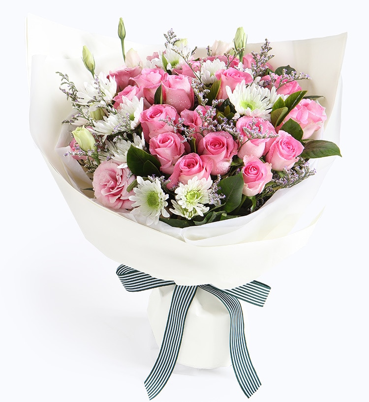 19 Stems Pink Rose & 2 Stems Pink Lisianthus & 4 Stems White ...